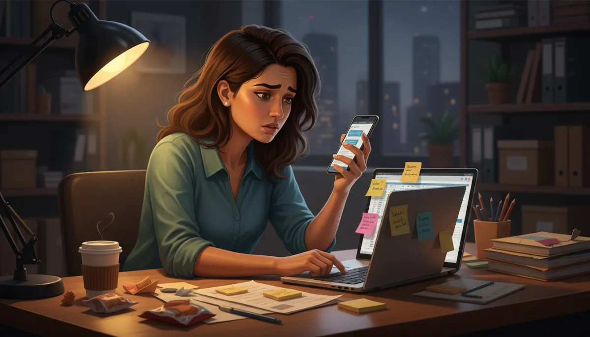 Photorealistic scene of a small business owner in a cluttered office late at night, looking overwhelmed while manually messaging customers on a smartphone, laptop open with spreadsheets and scattered sticky notes