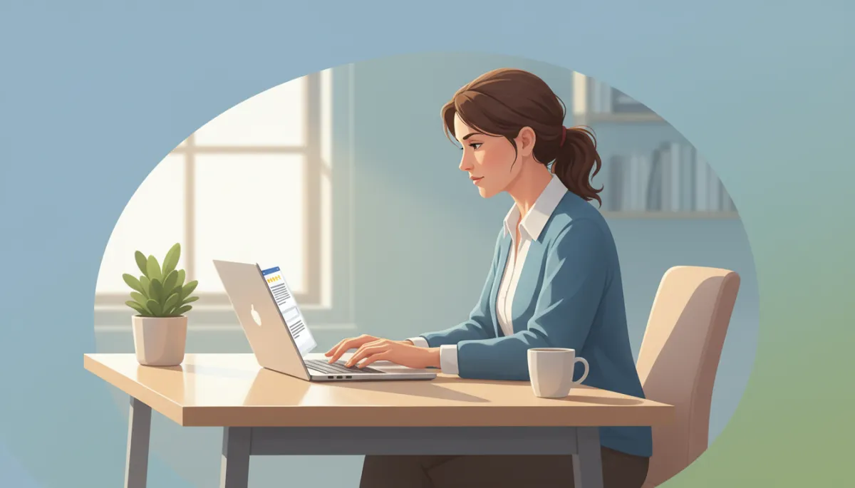Photorealistic scene of a small business owner at a modern desk, calmly typing a thoughtful response to an online review on a laptop, soft natural light, focused expression, review interface visible on screen