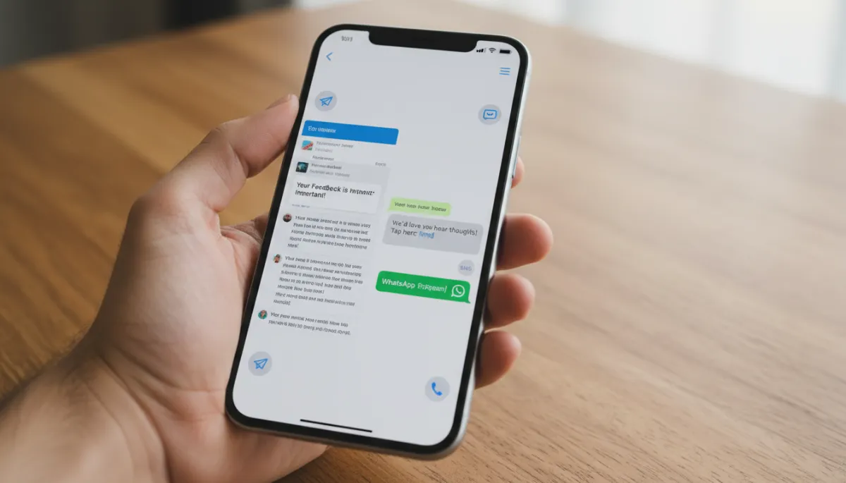Photorealistic close-up of a hand holding a modern smartphone, screen split into three panels showing an email inbox with a review request, an SMS thread asking for a review, and a WhatsApp chat with a review link, all clearly labeled, soft natural light, wooden table background