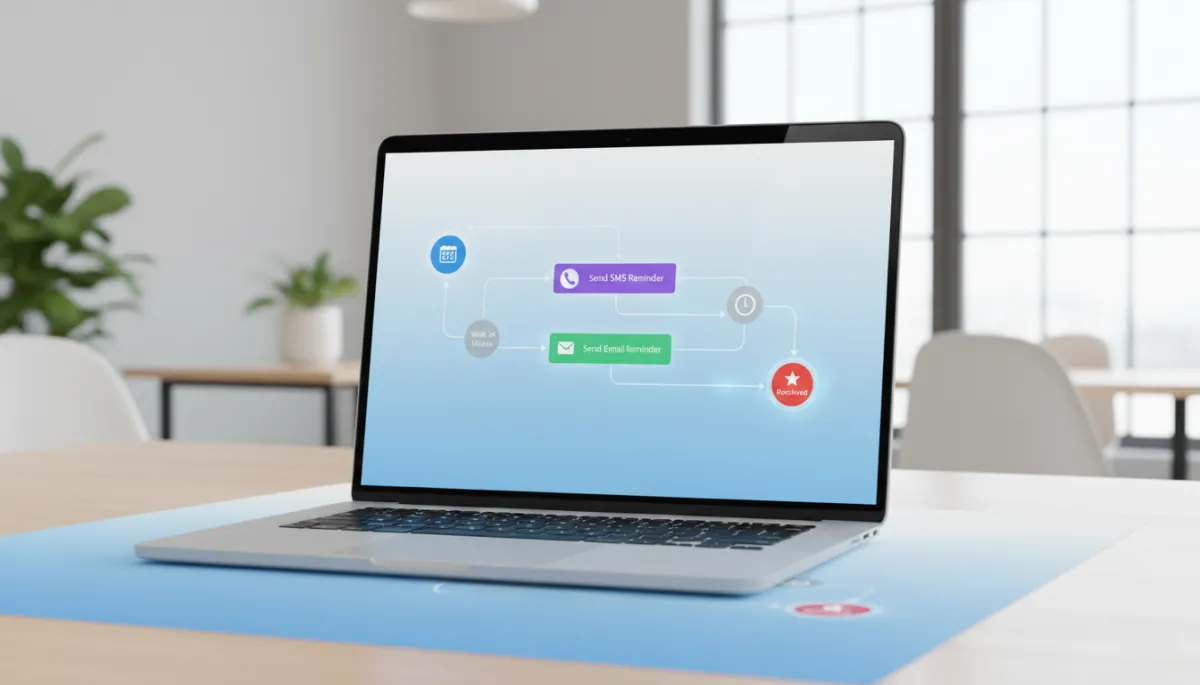 Photorealistic clean automation dashboard on a laptop, showing a visual workflow for sending review reminder texts and emails after a customer visit, in a bright modern office setting