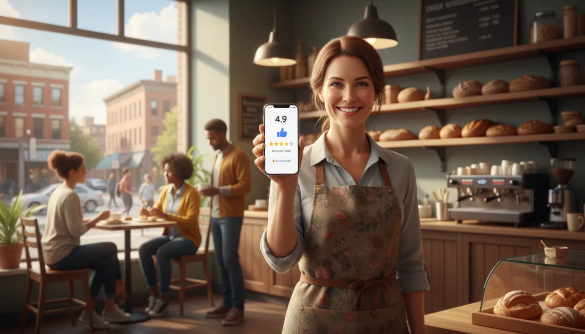 Photorealistic happy local business owner standing in their shop, holding a smartphone showing a 4.9 Google star rating with many reviews, warm natural lighting, subtle background of customers and a storefront window with city street outside
