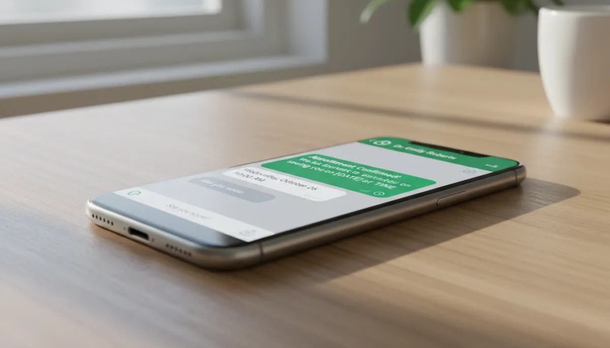 Photorealistic close-up of a smartphone on a wooden desk showing a WhatsApp chat with an appointment confirmation message, green check marks, clear date and time details, soft natural light from a nearby window