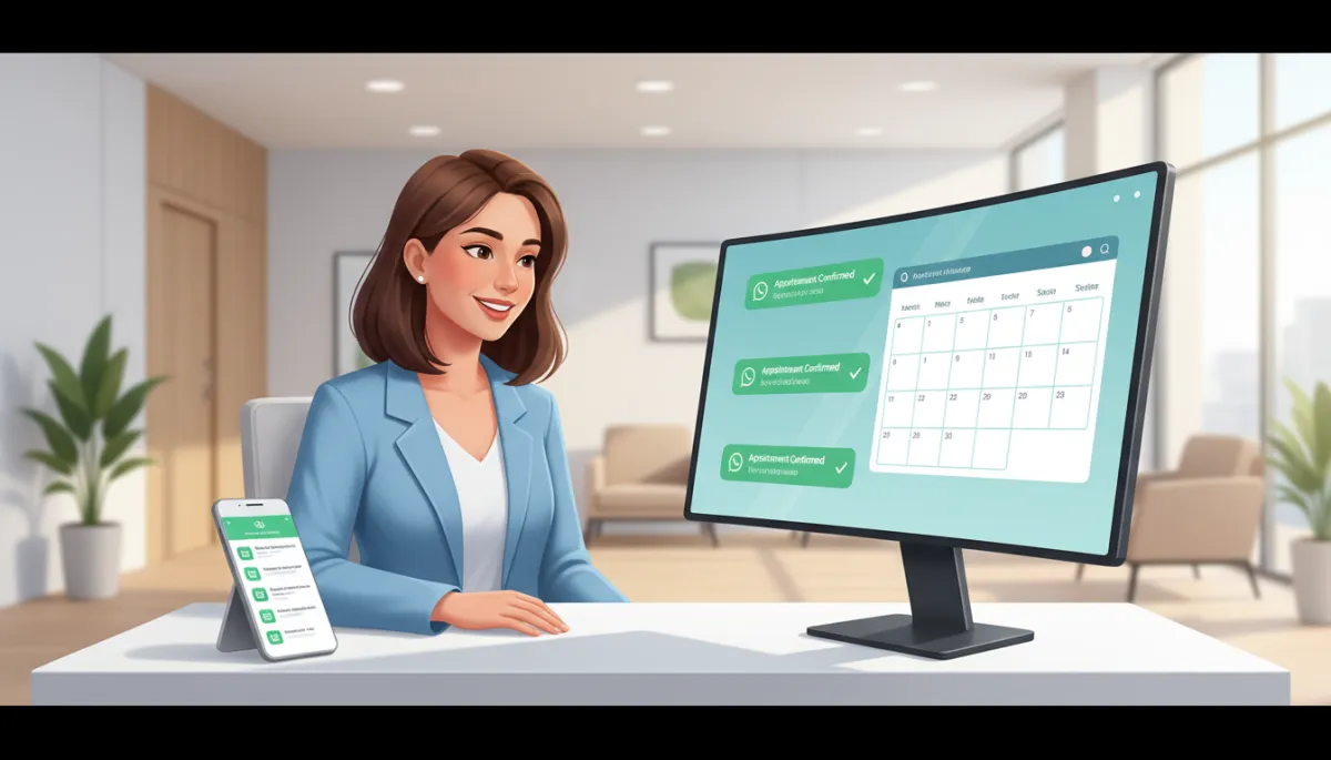 Photorealistic scene of a relaxed receptionist in a modern clinic lobby, smiling while looking at a computer screen that shows automated WhatsApp appointment reminders sending in the background, smartphone on the desk also displaying confirmed appointments, soft natural lighting