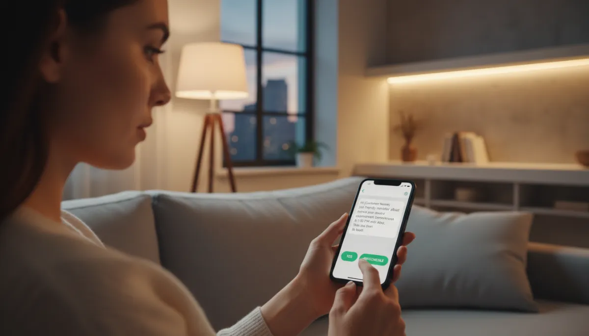Photorealistic close-up of a customer sitting in a bright modern living room in the evening, holding a smartphone and reading a WhatsApp-style day-before appointment confirmation message that clearly shows the service, time, and YES/RESCHEDULE reply buttons, soft warm lighting, natural expression of focus