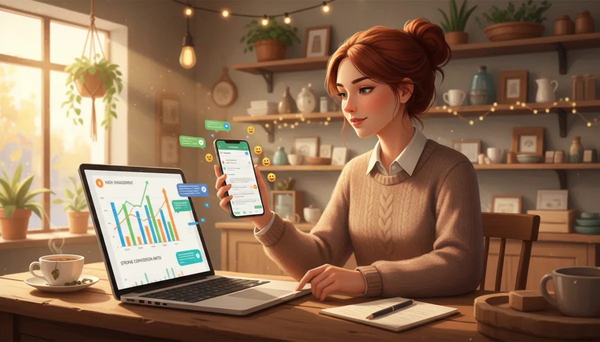 Photorealistic scene of a small business owner in a cozy shop using a laptop and smartphone to send a WhatsApp promotional campaign, phone screen showing many unread message notifications turning into opened messages and replies, charts on laptop indicating high engagement and conversion rates, warm natural lighting