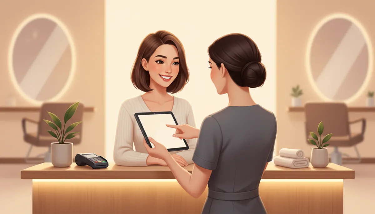 Photorealistic scene of a smiling customer at a modern salon reception desk, confirming their next appointment on a tablet held by the receptionist, warm lighting, friendly atmosphere