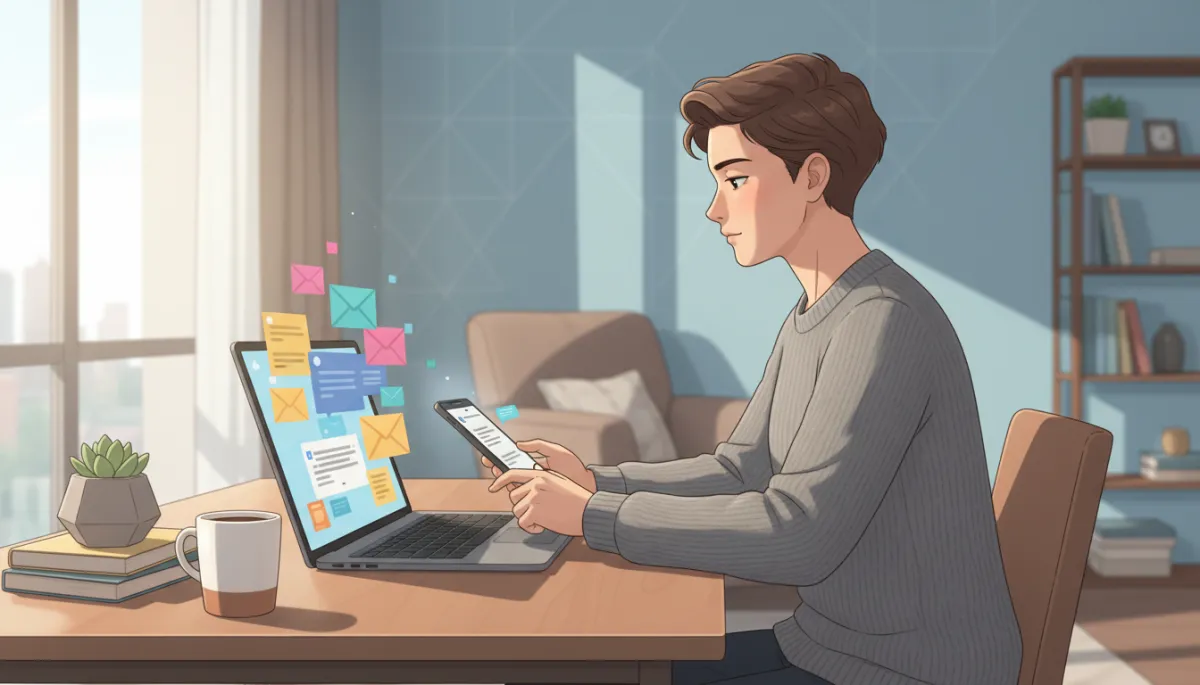 Photorealistic scene of a person at a desk with a laptop open showing a cluttered email inbox, the person glancing indifferently at the screen while simultaneously picking up their smartphone and immediately opening a new text message notification, soft natural light, modern home office setting