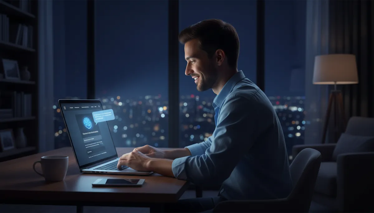 Photorealistic scene of a person in a dark apartment at 2 AM, lit by laptop glow, smiling as an AI chat widget instantly responds on a business website, coffee mug nearby, city lights visible through window