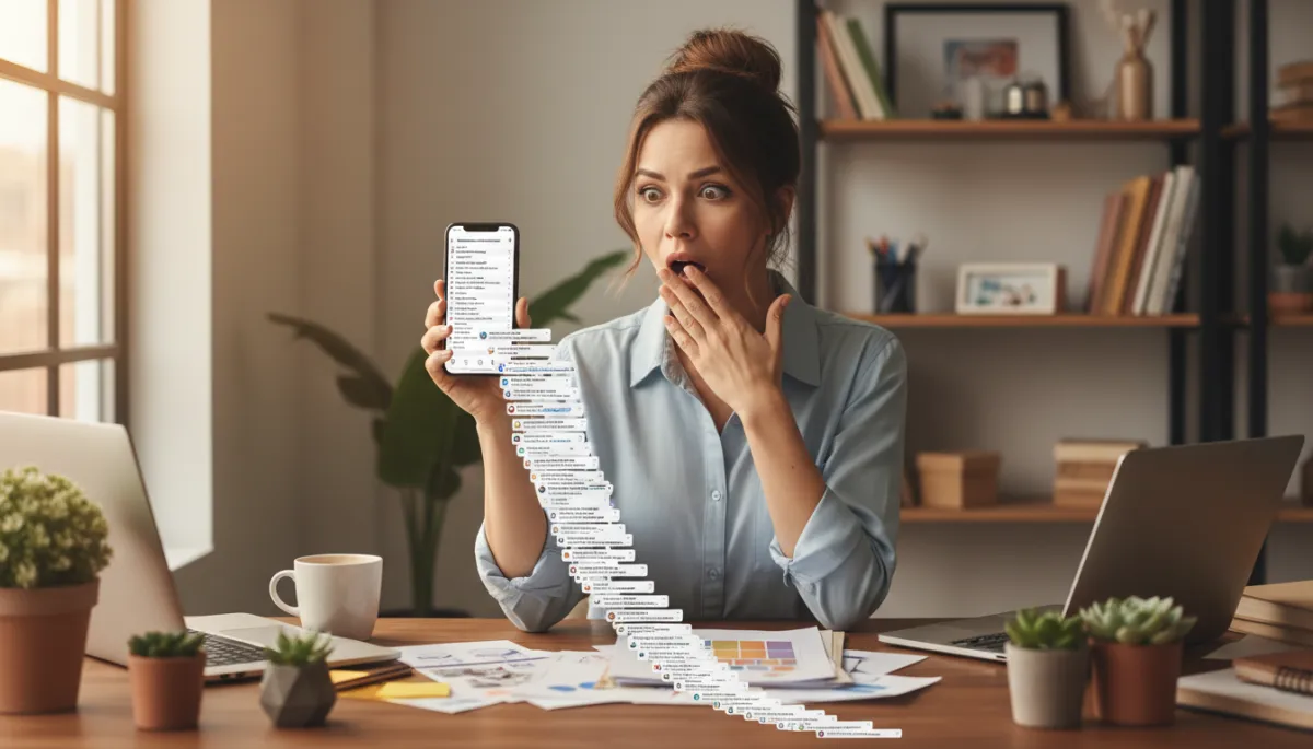 Photorealistic scene of a small business owner in a modern but slightly cluttered office, holding a smartphone with Instagram open, shocked to see a long list of unread DM inquiries about pricing and bookings, soft natural light from window, subtle depth of field