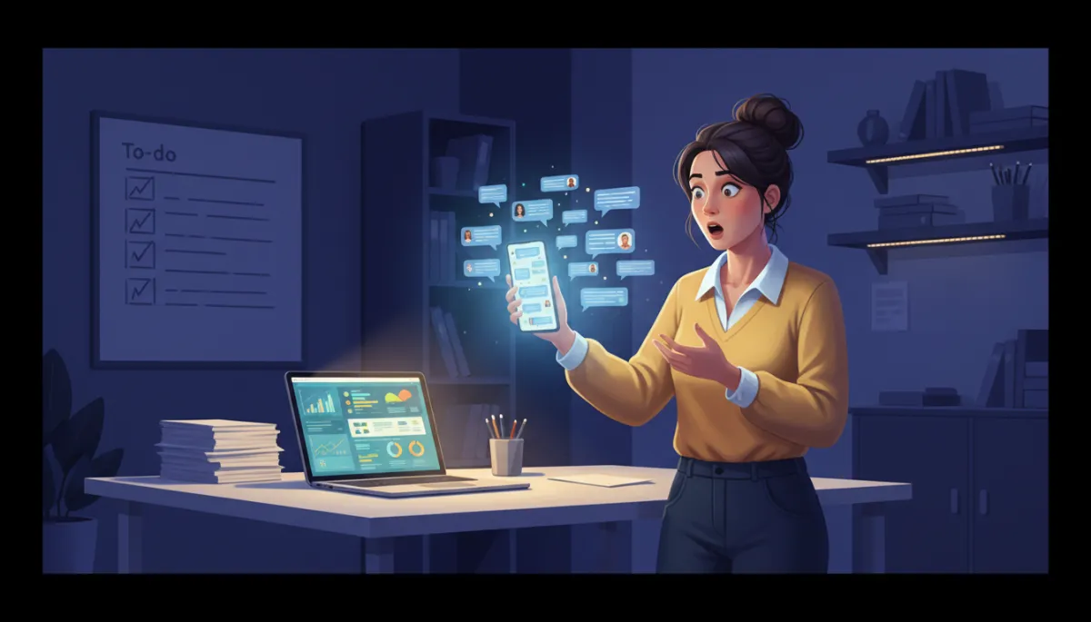 Photorealistic scene of a small business owner standing in a dim office at night, looking shocked while scrolling through their phone and seeing dozens of unread Facebook Messenger requests, laptop open on desk with business dashboard, soft screen glow on their face