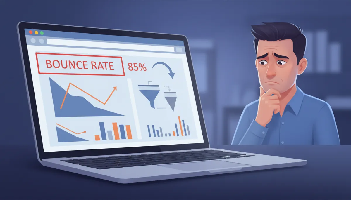 Photorealistic laptop screen showing a website analytics dashboard with high bounce rate highlighted in red, charts and graphs indicating many visitors leaving without converting, dim office lighting with a concerned business owner in the background