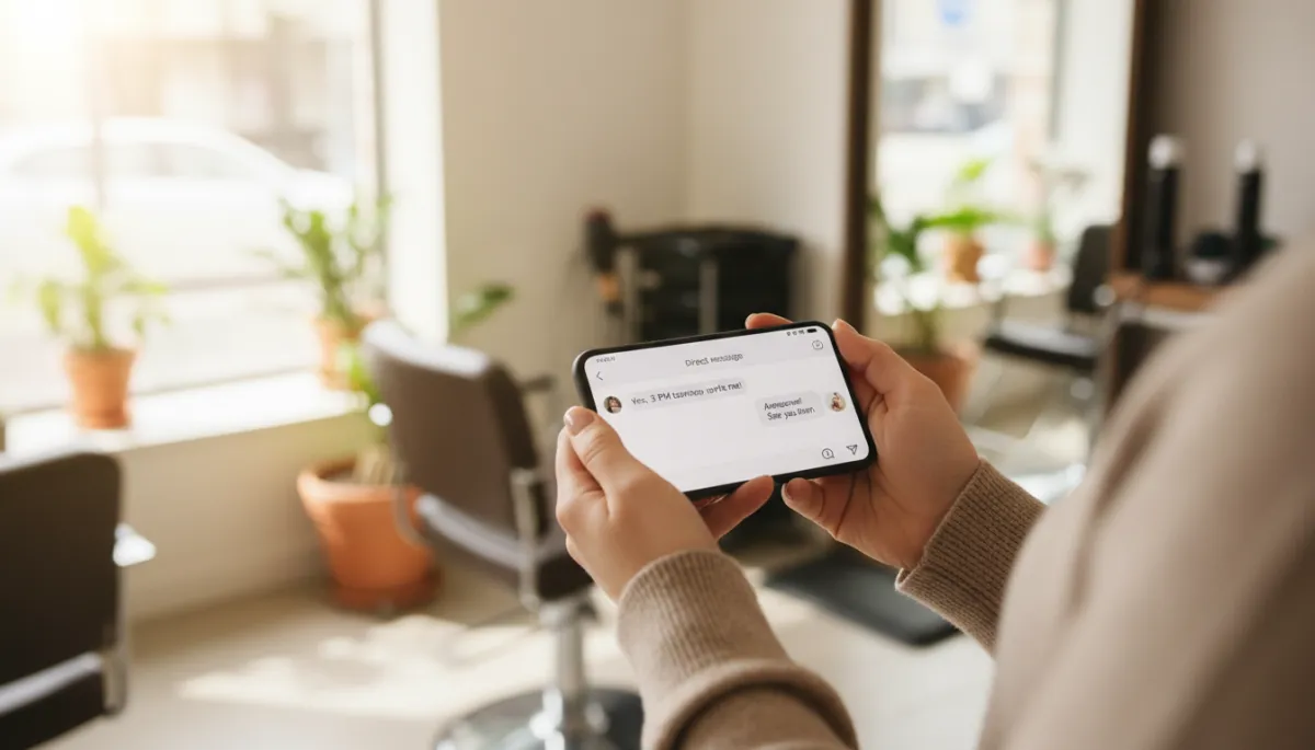 Photorealistic close-up of a person holding a smartphone, Instagram DM conversation visible where a customer is confirming a haircut appointment time, cozy salon background slightly blurred, natural daylight