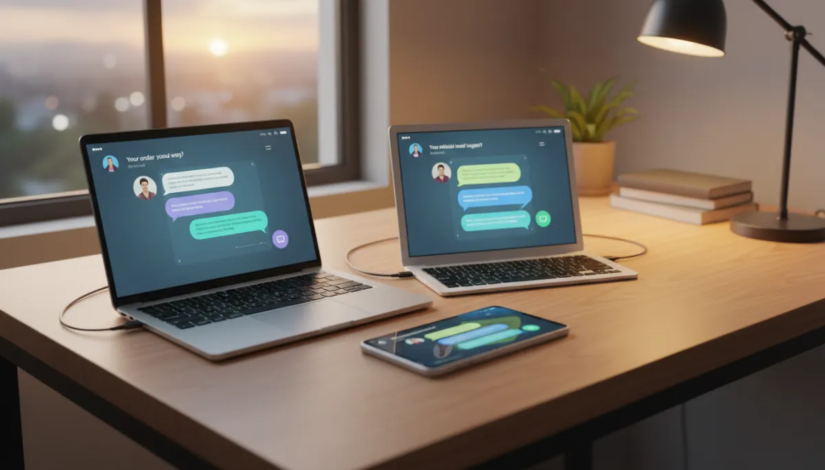 Photorealistic scene of an AI chat interface answering customer questions simultaneously on a laptop, tablet, and smartphone on a desk, each screen showing different customer conversations being handled automatically, soft evening lighting in a small business office