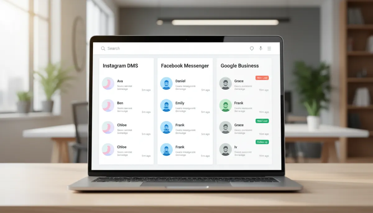 Photorealistic laptop screen showing a unified messaging dashboard with side-by-side conversation threads from Instagram DMs, Facebook Messenger, and Google Business messages in one clean interface, with customer names, avatars, timestamps, and tags visible, in a bright modern office setting