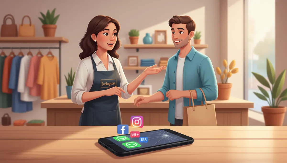 Photorealistic busy small business owner at a counter helping a customer while a smartphone on the counter shows a lock screen stacked with unread Instagram, Facebook, and WhatsApp notification badges