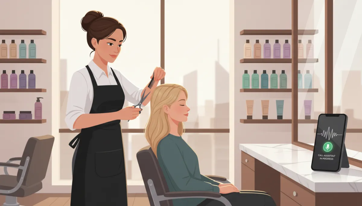 Photorealistic scene of a hair stylist focused on a client in a modern salon while a smartphone on the counter shows an incoming call being handled by an AI assistant interface, calm professional atmosphere, natural lighting