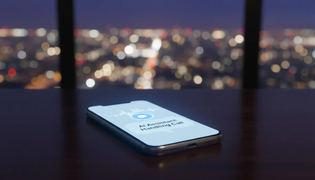 Photorealistic close-up of a smartphone on a dark wooden desk at night, screen lit up showing an incoming after-hours business call being automatically handled by an AI assistant interface, city lights blurred in the background through a window