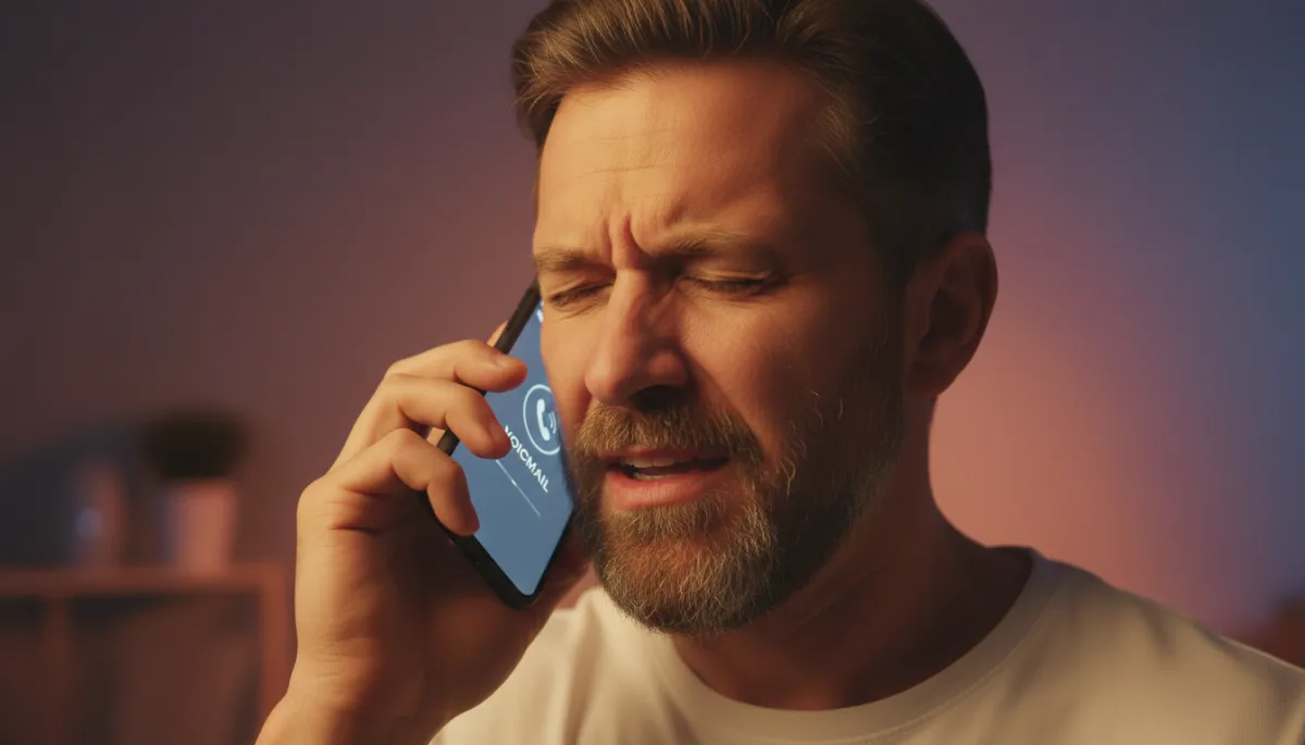 photorealistic close-up of a frustrated customer holding a smartphone to their ear, hearing voicemail after calling a local business, furrowed brow, indoor evening lighting, modern phone interface visible