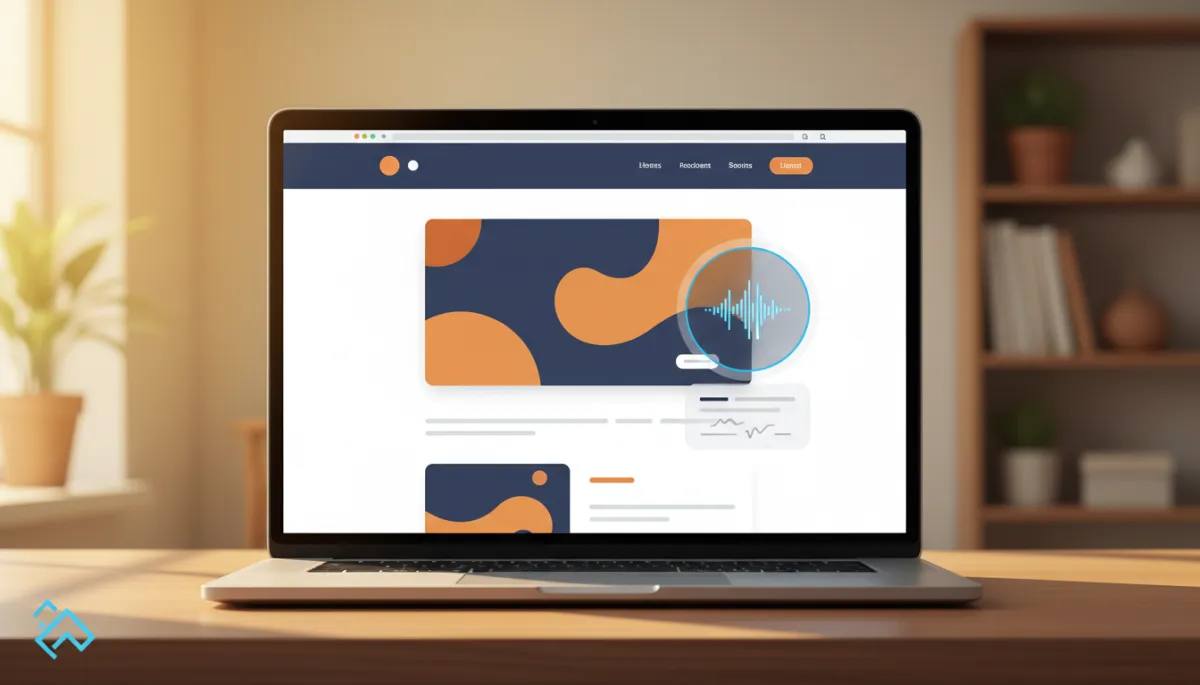 Photorealistic modern business website open on a laptop, with a floating AI voice assistant widget showing a waveform and live transcript responding to a visitor's spoken question, warm office lighting, subtle depth of field