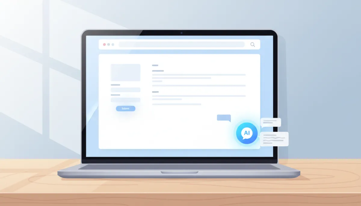 Photorealistic modern SaaS website interface where a traditional contact form is visually being replaced by a floating AI chat widget in the bottom-right corner, clean layout on a laptop screen on a wooden desk, soft daylight, subtle reflections on the screen, minimalistic UI with visible chat bubbles showing instant responses