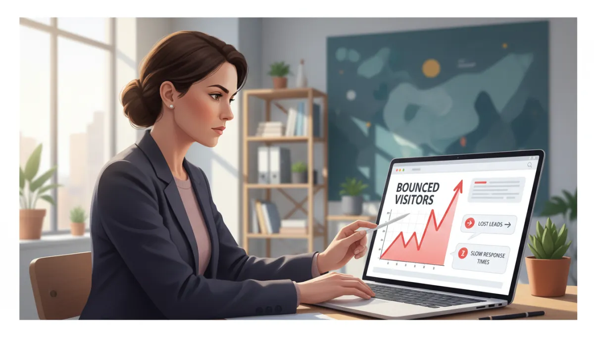 Photorealistic scene of a small business owner in a modern office, staring at a laptop screen showing website analytics with a highlighted spike in bounced visitors and annotations about lost leads due to slow response times, soft natural light, serious expression