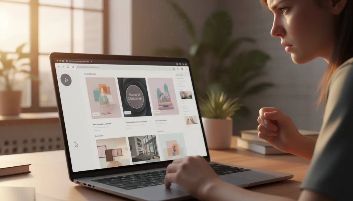 Photorealistic close-up of a frustrated website visitor at a laptop, a beautifully designed homepage visible on screen, the user moving the cursor toward the browser back button, warm evening light from a window, modern home office setting
