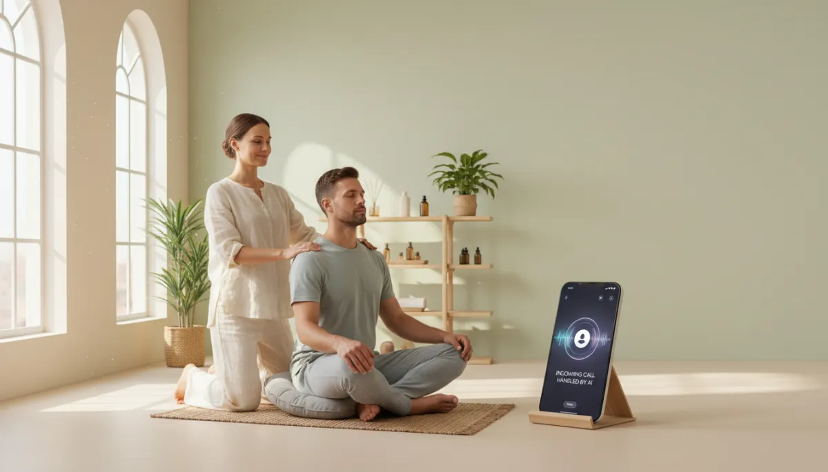 Photorealistic scene of a solo wellness practitioner in a bright studio, calmly working with a client while a nearby smartphone shows an AI assistant screen handling an incoming call automatically, modern clean style, natural daylight