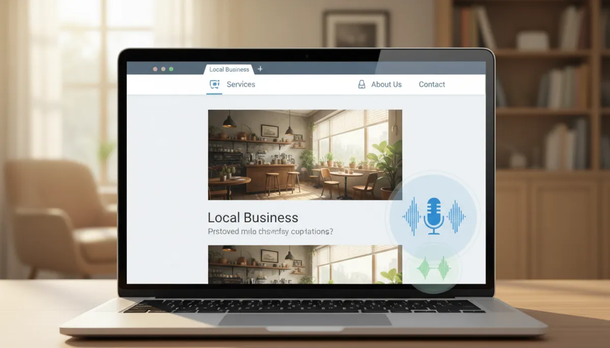 Photorealistic laptop screen showing a local business website with a floating voice assistant widget actively transcribing a customer's spoken question and displaying a spoken response waveform in real time, cozy office background slightly blurred