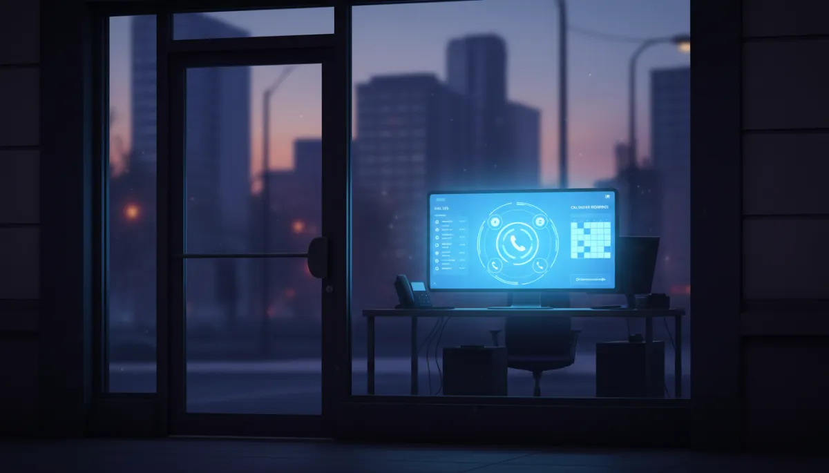 Photorealistic evening street scene of a closed storefront with lights off and locked glass door, while inside a glowing phone system screen shows an AI voice agent interface actively handling incoming calls, call log and calendar bookings visible on the display