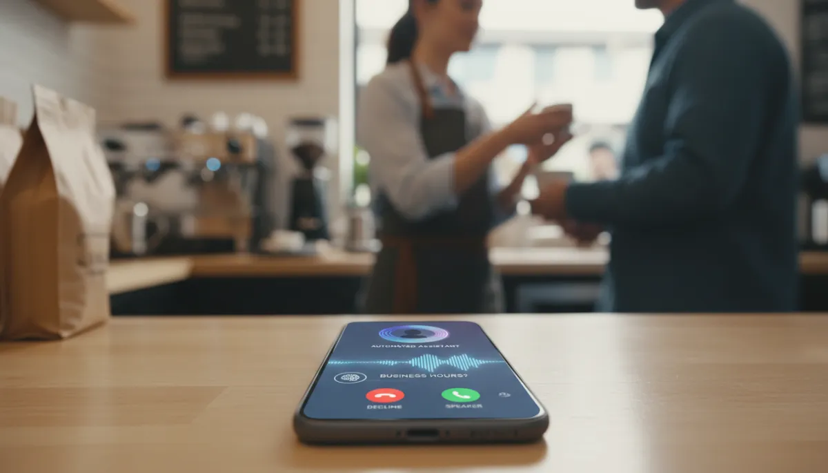 Photorealistic close-up of a modern smartphone on a counter with an incoming call displayed, subtle waveform and AI assistant icon indicating an automated voice assistant is answering a routine question about business hours while a busy local business owner works with a customer in the blurred background