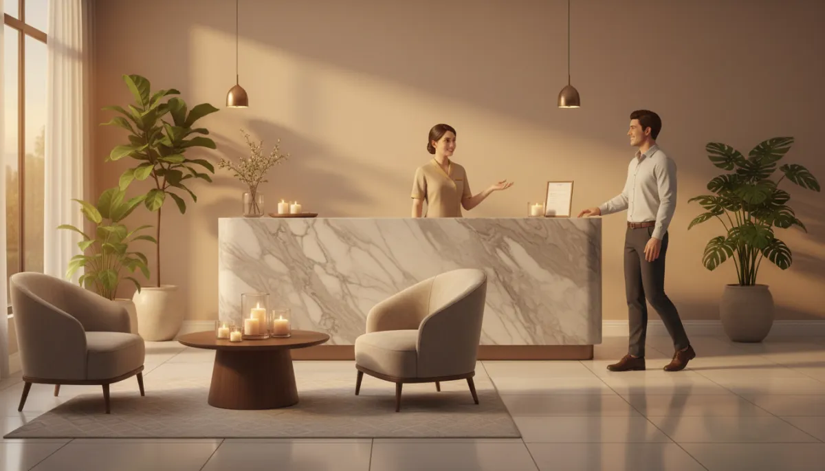 Photorealistic luxurious massage spa reception area with warm lighting, marble front desk, soft seating, indoor plants, scented candles, and a calm front-desk staff member greeting a client, evening ambience