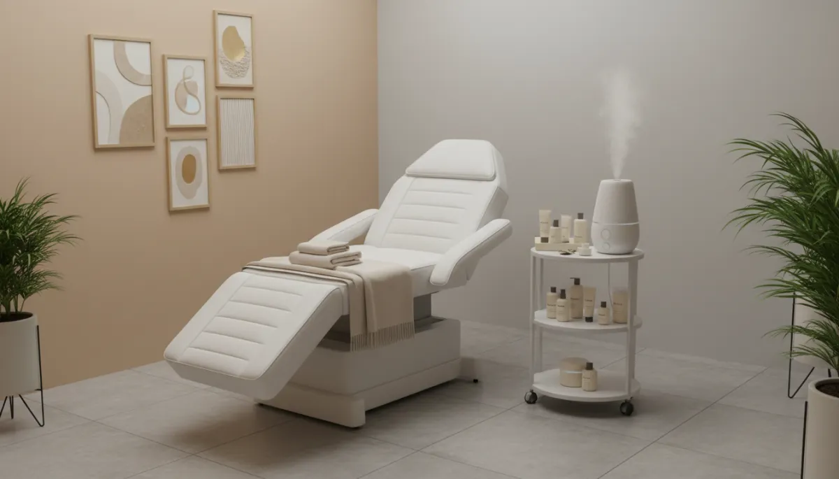 Photorealistic modern skin care clinic treatment room with soft lighting, treatment bed, neatly arranged skincare products, and minimalistic decor in neutral tones