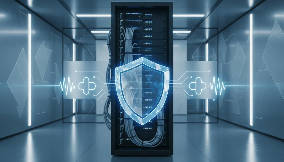 Photorealistic secure AI operations center with a large transparent shield icon floating in front of a server rack, glowing voice wave icons flowing into the shield, professional blue and silver corporate background lighting, ultra-realistic detail