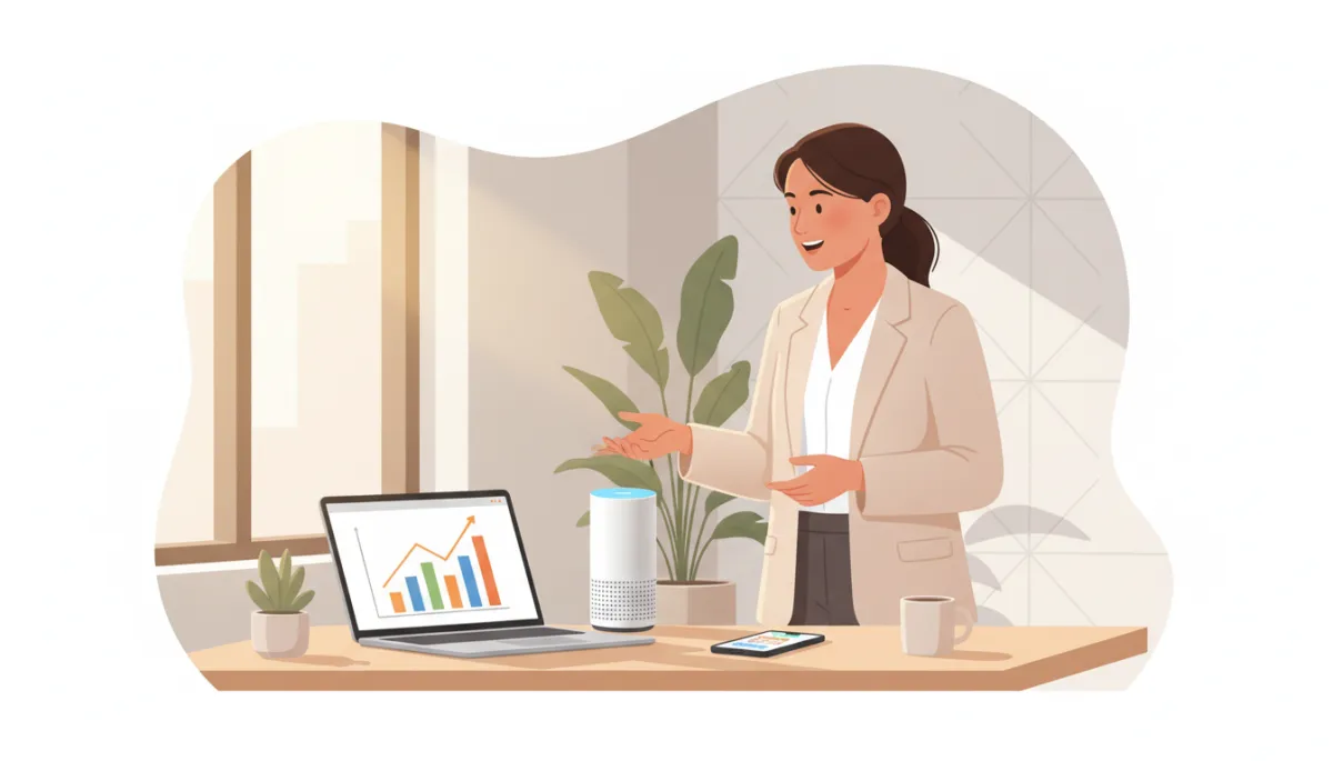 Photorealistic scene of a small business owner in a bright modern office, glancing at a laptop dashboard showing increased revenue charts while speaking to a sleek voice assistant device on the desk, smartphone nearby with new booking notifications, late-afternoon natural light