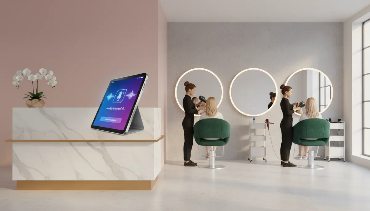 Photorealistic modern salon interior with a front desk, large mirrors, stylish chairs, and a visible voice AI assistant interface on a tablet handling incoming booking calls while stylists work with clients in the background