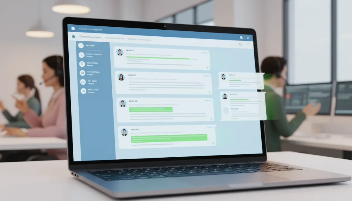 Photorealistic close-up of an AI chat interface on a laptop instantly resolving multiple customer queries, with a blurred background of a traditional call center team still on calls, emphasizing speed and efficiency contrast