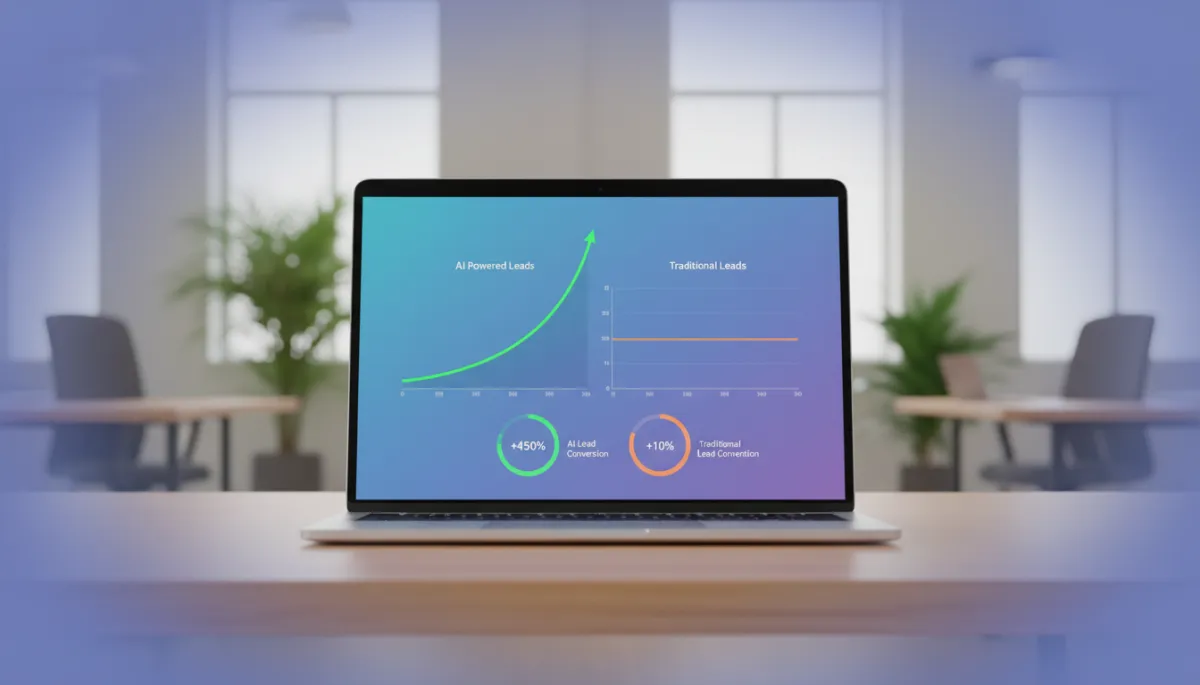 Photorealistic dashboard showing AI-powered lead generation dramatically outperforming traditional methods, with AI leads graph rising steeply while traditional leads plateau, modern SaaS interface on laptop in a bright office