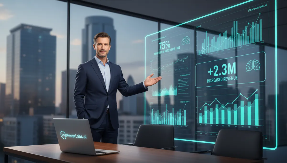 Photorealistic scene of a mid-career business owner in a modern glass-walled office, confidently pointing at a large wall-mounted dashboard showing clear AI automation results such as reduced processing time and increased revenue, with a laptop open on the desk displaying ThePowerLabs.ai logo