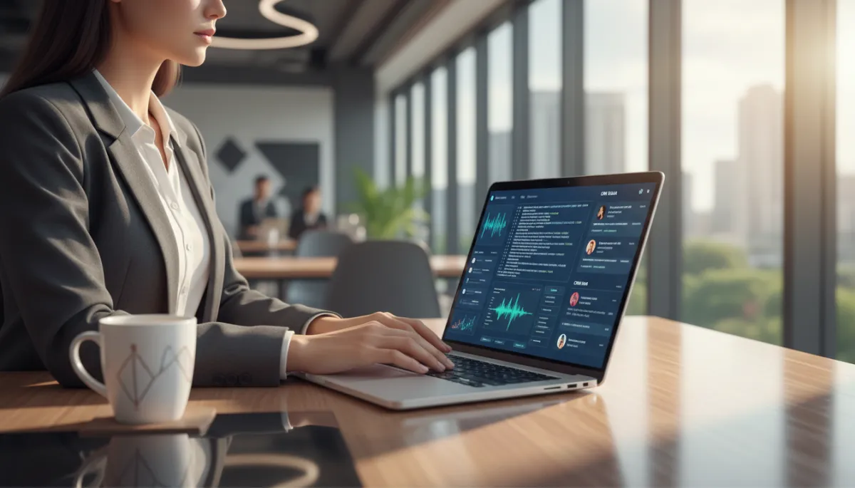 Photorealistic scene of a business professional in a modern office, focused on a laptop displaying a complex voice AI integration dashboard with waveforms, API logs, and CRM data panels, soft daylight from large windows, coffee mug beside keyboard