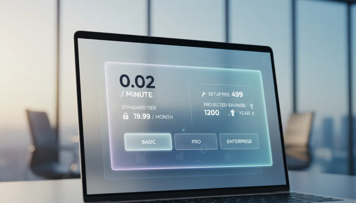 Photorealistic dashboard on a laptop showing a transparent Voice AI pricing breakdown with per-minute rates, subscription tiers, setup fees, and projected savings, in a clean modern UI