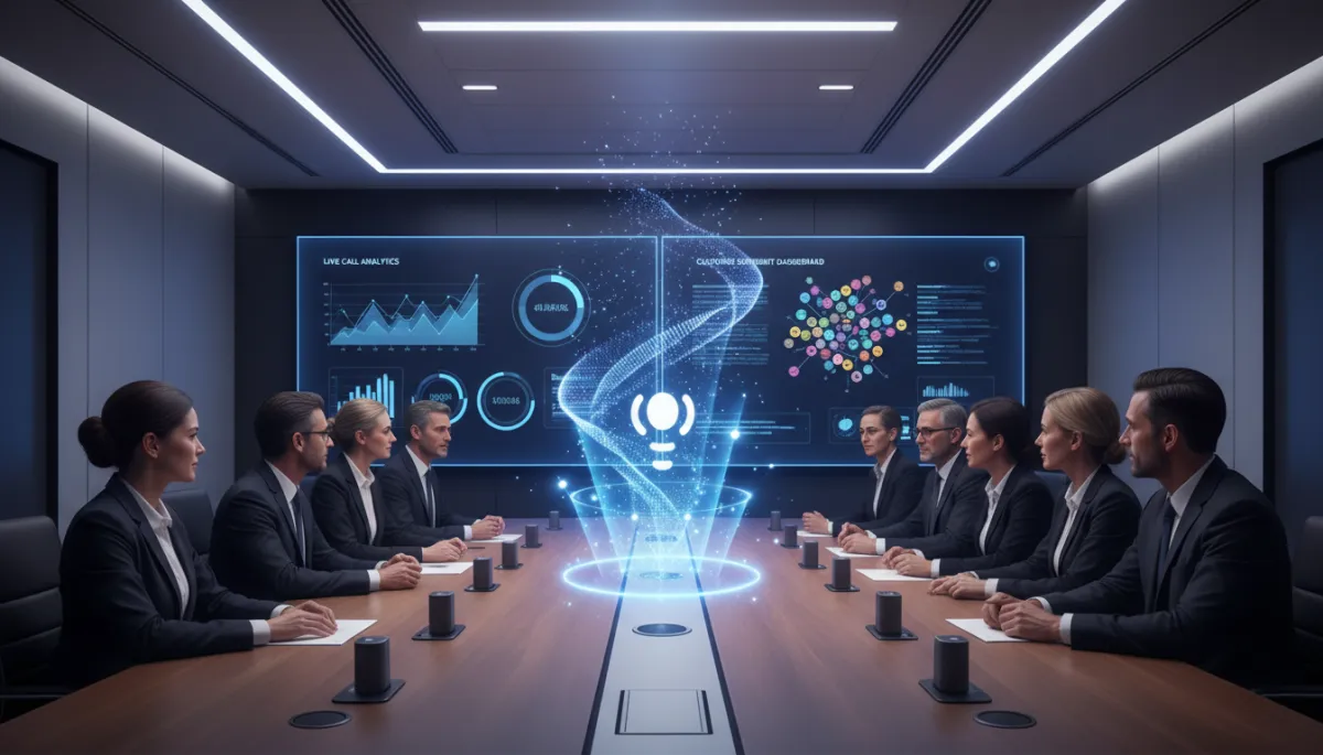 Photorealistic modern enterprise boardroom with executives around a large table, holographic AI voice interface projected in the center, wall displays showing live call analytics and customer sentiment dashboards, integrated microphones and smart speakers built into the room design