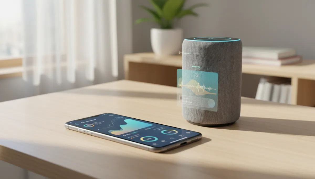 Photorealistic next-generation AI voice assistant interface displayed on a smartphone lying next to a cylindrical smart speaker on a wooden desk, both showing an active conversation with charts and task summaries, soft daylight in a modern home office