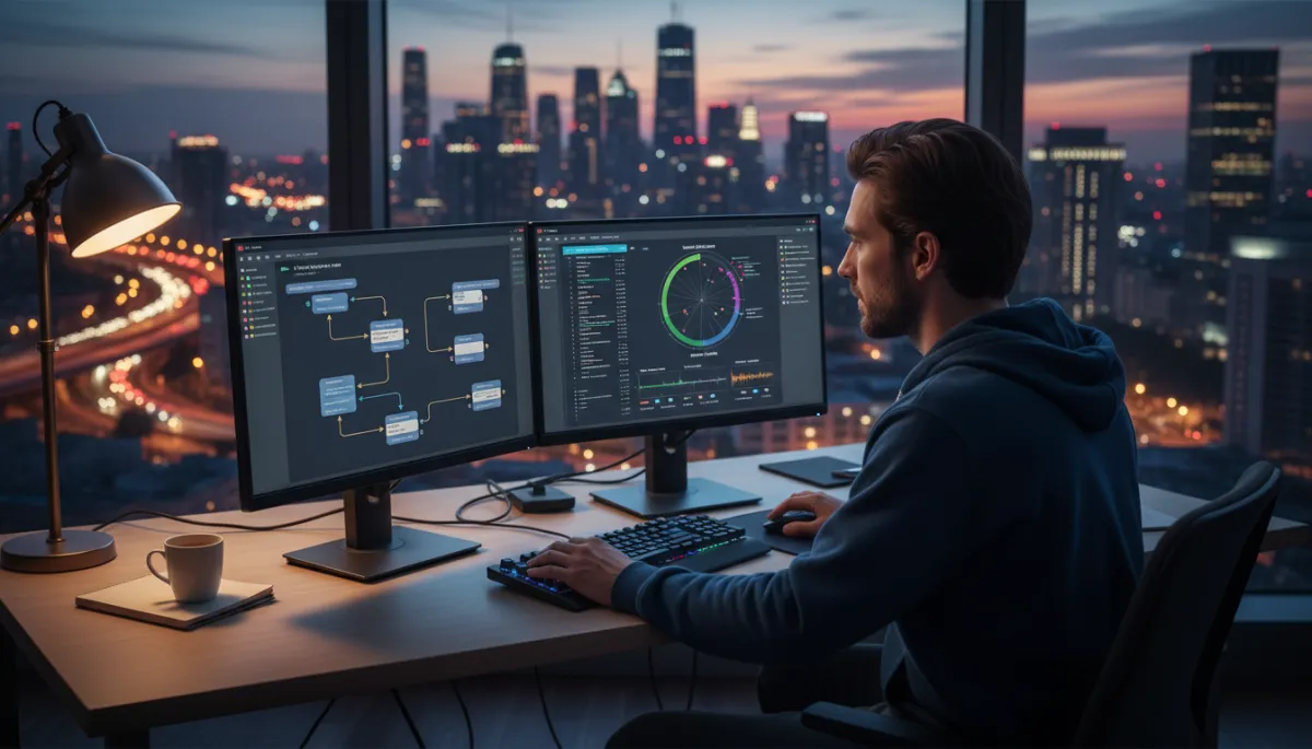 Photorealistic scene of a developer at a dual-monitor workstation building and testing Voice AI call flows, dashboards showing live call transcripts, intent detection graphs, and TTS voice controls, evening city skyline through window