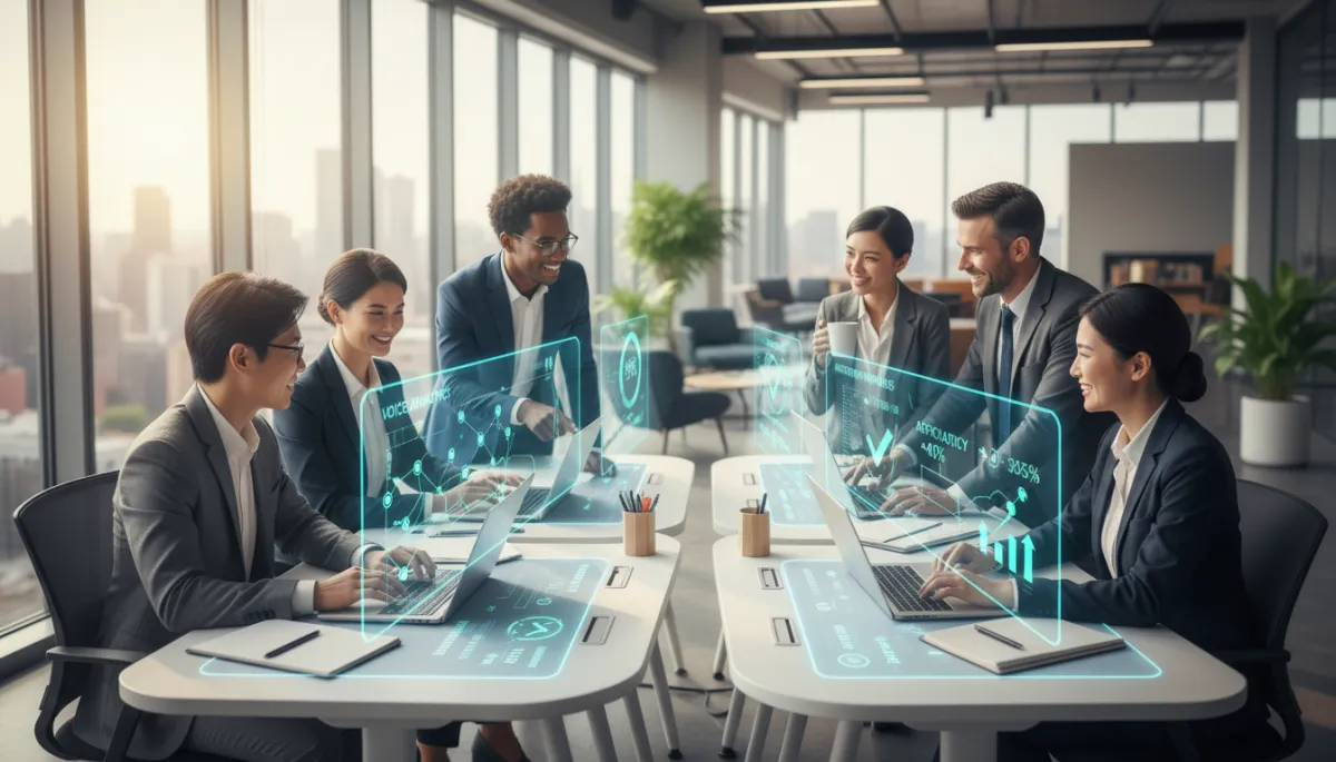 Photorealistic scene of a diverse business team in a bright modern office, collaborating around laptops and large screens displaying AI dashboards, voice analytics, and automation workflows that clearly show increased efficiency and productivity metrics