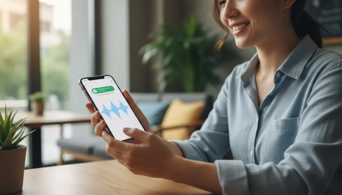 Photorealistic close-up of a customer smiling while holding a smartphone, speaking to a tailored AI voice assistant app with live waveform and confirmation messages on screen, soft natural light in a modern cafe setting