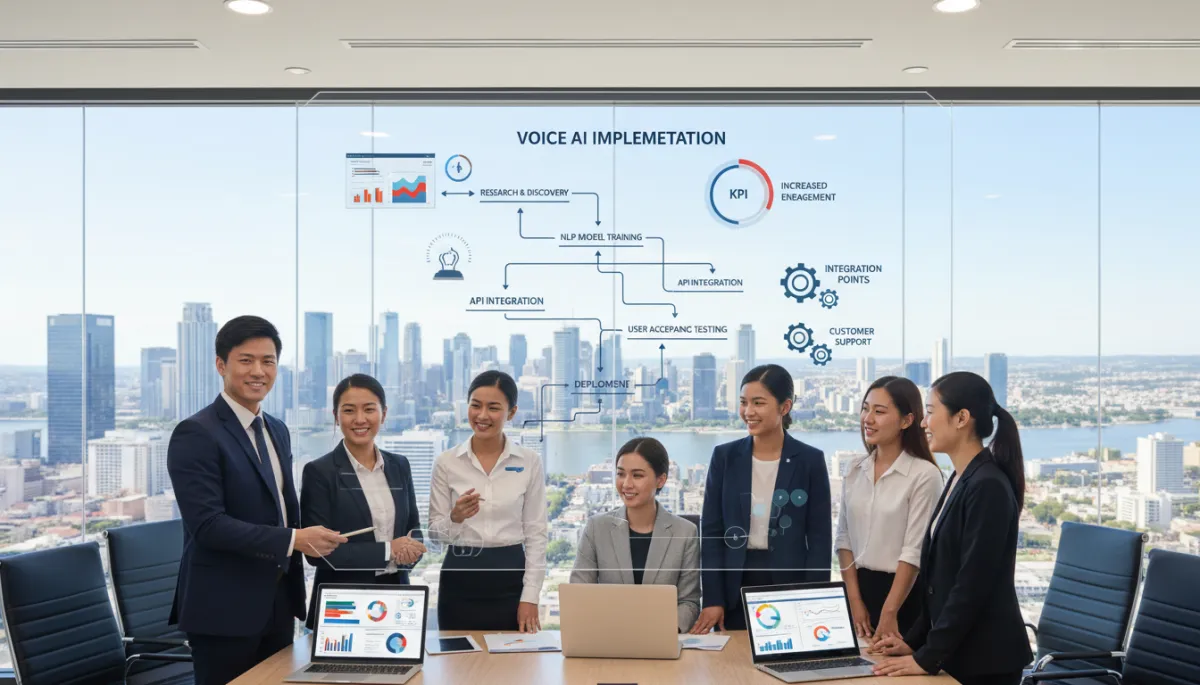 Photorealistic scene of a diverse business team in a glass-walled conference room, standing around a large screen that shows a clear step-by-step roadmap for Voice AI implementation, with milestones, KPIs, and integration points highlighted; team members look confident and aligned, laptops open with dashboards, city skyline visible in the background