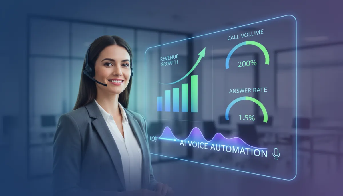 Photorealistic scene of a small business owner standing in front of a large wall-mounted dashboard showing rising revenue and call metrics, with a headset on and a glowing waveform indicating AI voice automation handling live calls in the background