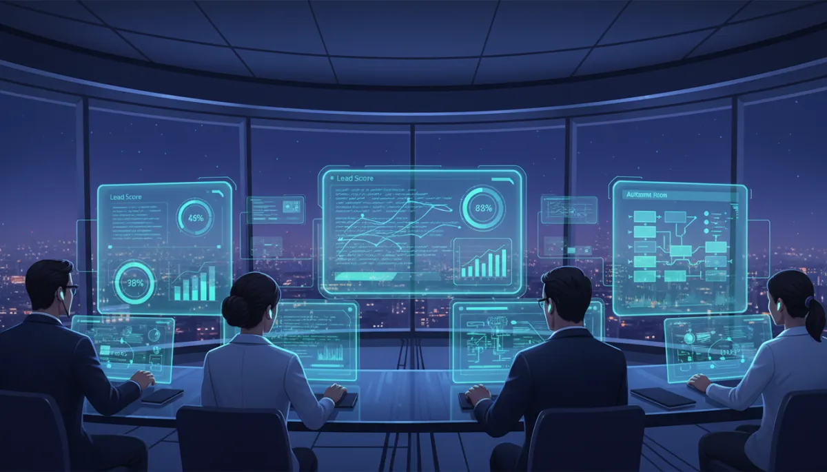 Photorealistic futuristic Voice AI command center interface with holographic dashboards showing real-time call transcripts, lead scores, and automation flows in a glass-walled enterprise control room, diverse team monitoring performance