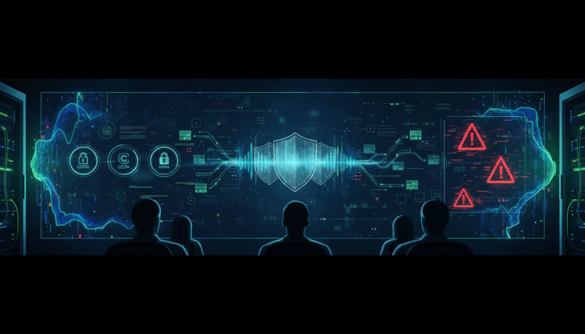 Photorealistic enterprise security operations center with a large wall display showing a Voice AI dashboard, data protection shields, GDPR/CCPA/HIPAA compliance icons, encrypted call streams, and real-time anomaly alerts in a sleek professional interface