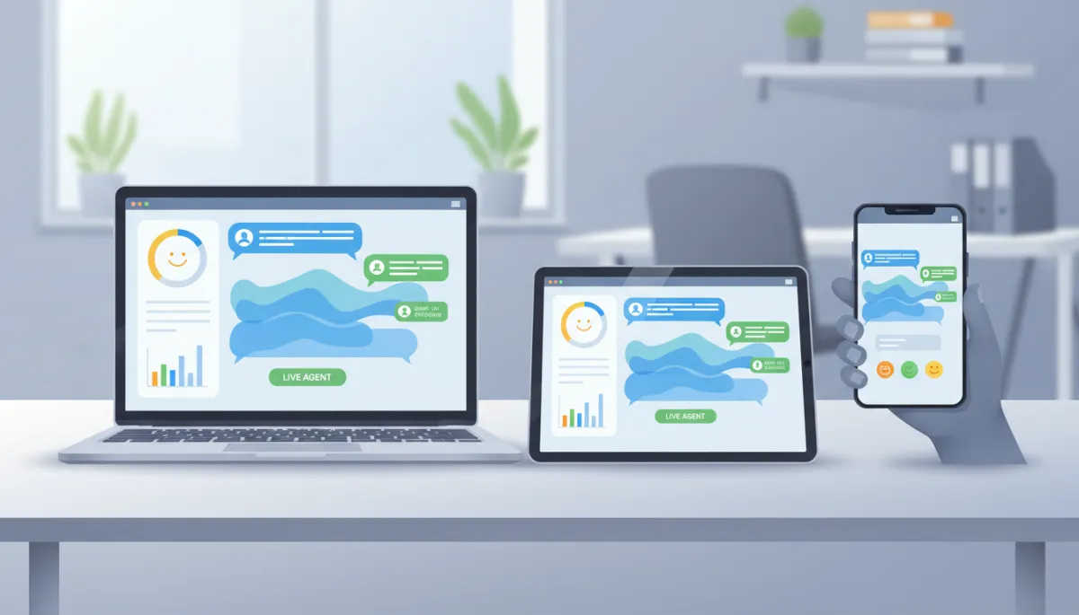 Photorealistic AI customer support interface displayed simultaneously on a laptop, tablet, and smartphone, each showing instant chatbot responses, live agent handoff button, and customer satisfaction indicators in a modern workspace
